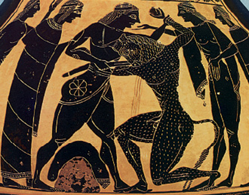 Ο Θησέας σκοτώνει το Μινώταυρο. Από αρχαίο ελληνικό αγγείο