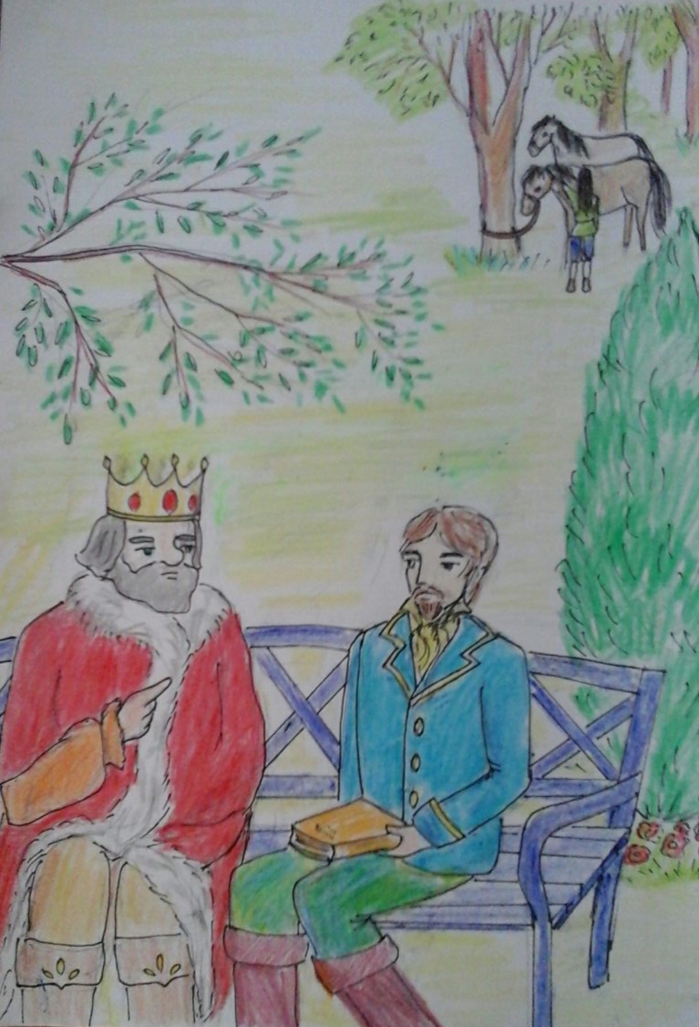 Εικόνα 2: Ο Βασιλιάς κουβεντιάζει με τον  Αιμίλιο, ενώ η Φιλομήλα φροντίζει τα άλογα (Σχέδιο της Μαρία Τερμετζίδου)