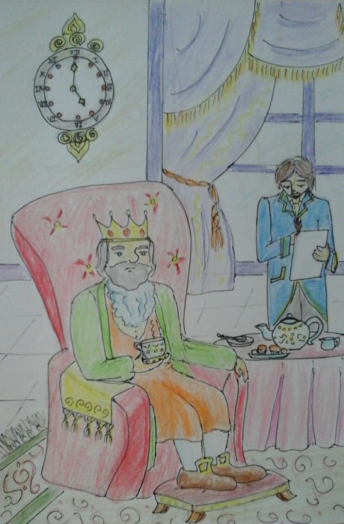 Εικόνα 4: O βασιλιάς δίνει οδηγίες στον Αιμίλιο (Σχέδιο της Μαρία Τερμετζίδου)
