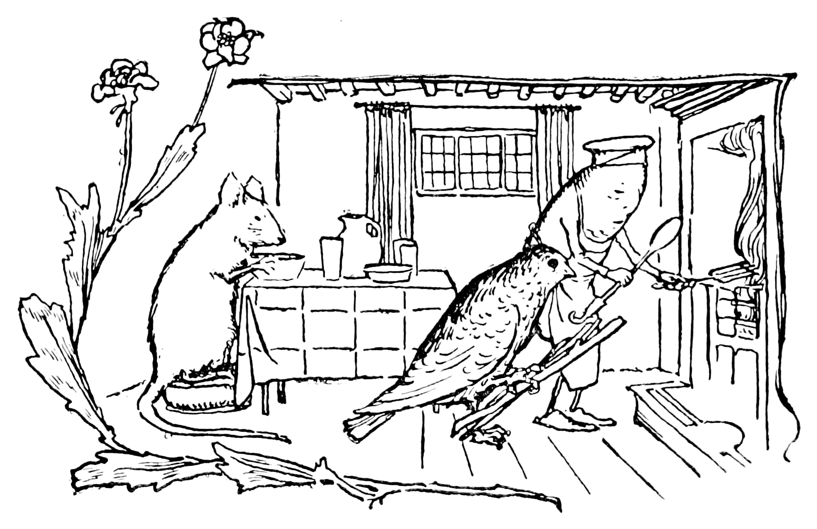 Το πουλί, το ποντίκι και το λουκάνικο κάνουν τις δουλειές του σπιτιού (Σχέδιο του Robert Anning Bell από έκδοση της συλλογής του 1912)