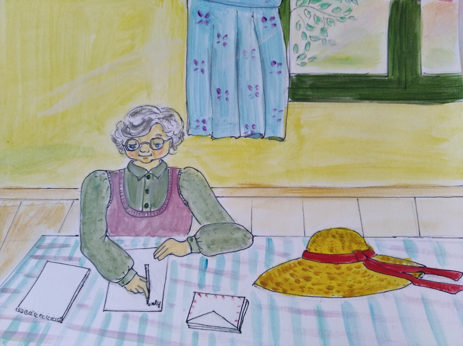 3. Η γιαγιά έβγαλε κόλλα καρτί και μολύβι, έβαλε τα γυαλιά της και ξεκίνησε να γράφει. (Σχέδιο Μ. Τερμετζίδου)