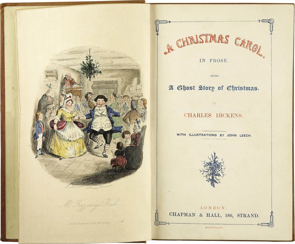To εσώφυλλο και η σελίδα τίτλου από την πρώτη έκδοση της Χριστουγεννιάτικης Ιστορίας το 1843